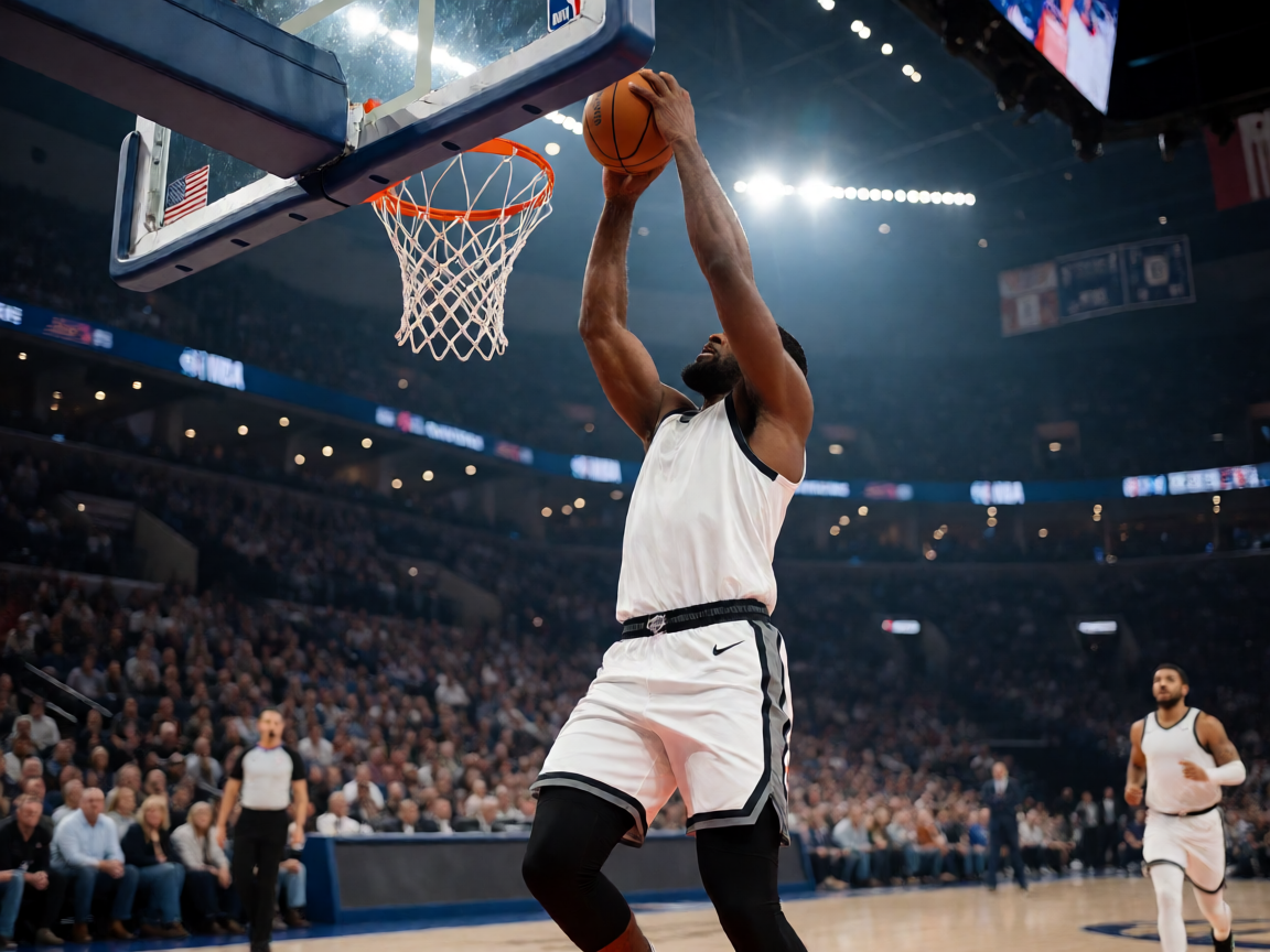 NBA比赛现场，球员在空中完成扣篮动作