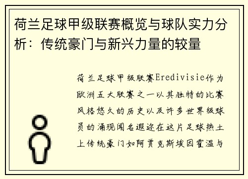 荷兰足球甲级联赛概览与球队实力分析:传统豪门与新兴力量的较量 荷兰足球甲级联赛概览与球队实力分析:传统豪门与新兴力量的较量